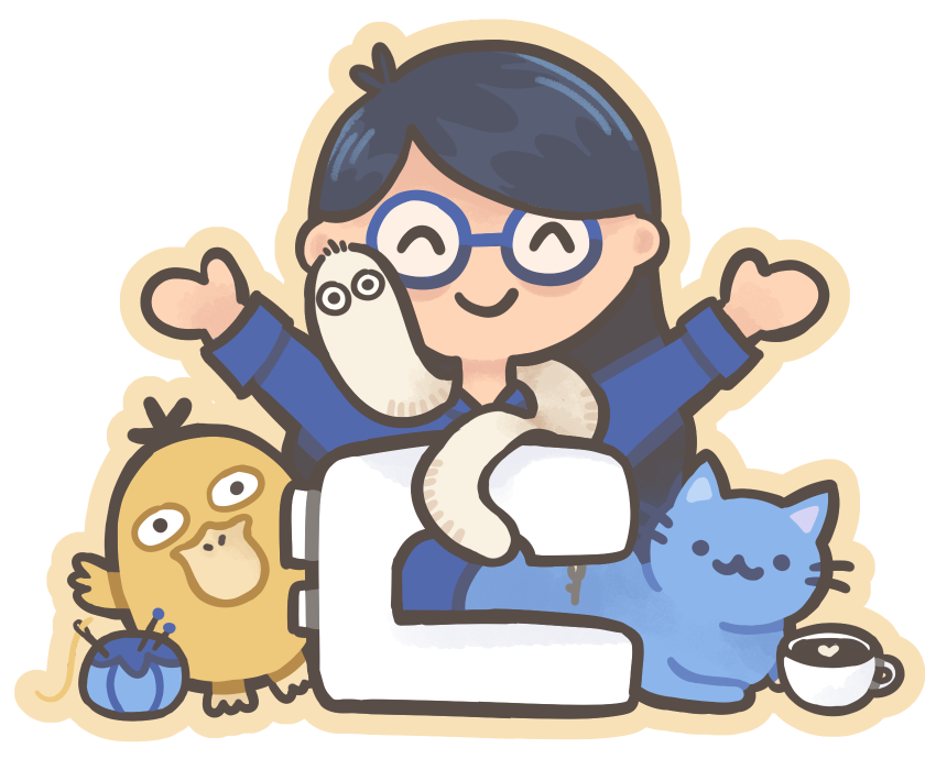 me with my cat, a psyduck, a brushbuddy, and a sewing machine!